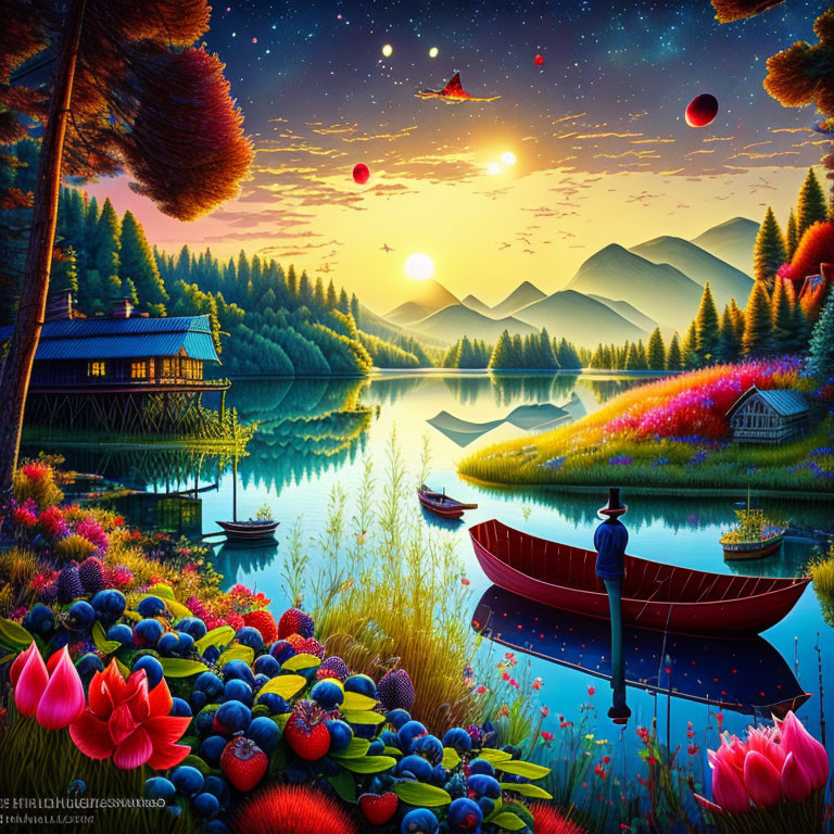 Colorful Dusk Landscape with Starry Sky, Mountains, Lake, Boats, and Cabin