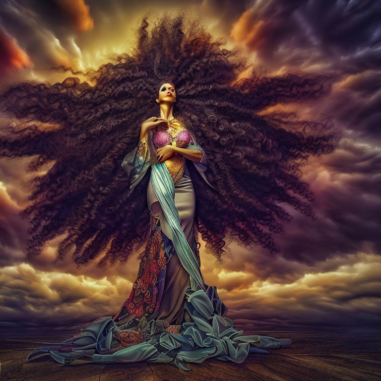 Woman with billowing hair in elegant gown against dramatic sky