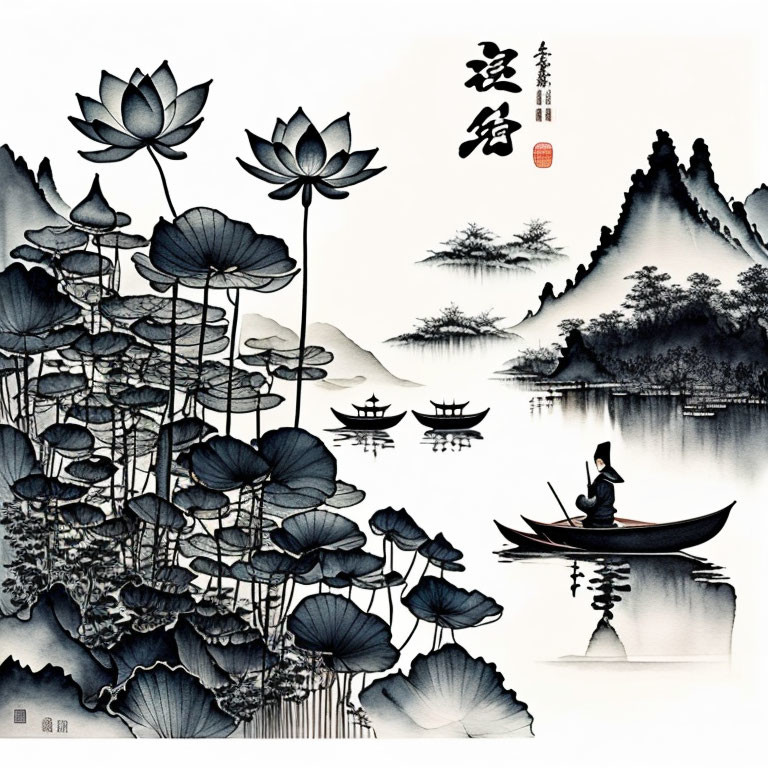 Tranquil Chinese ink painting: Lotus flowers, fisherman, misty mountains