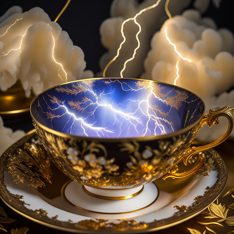 Golden cup and saucer with stormy sky and lightning on white cloud backdrop