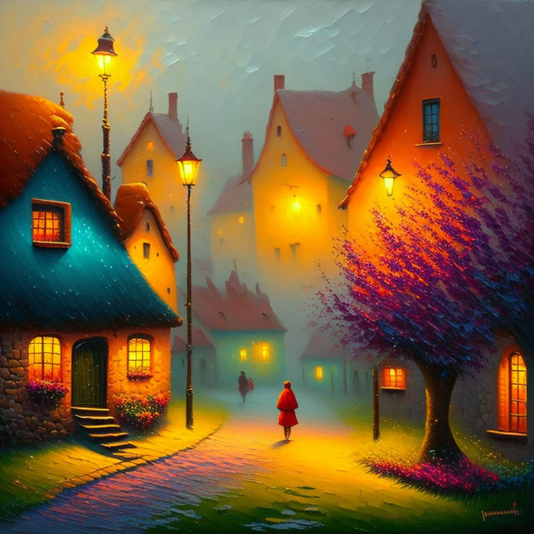 Colorful Village Street Scene at Dusk with Street Lamps and Person Walking