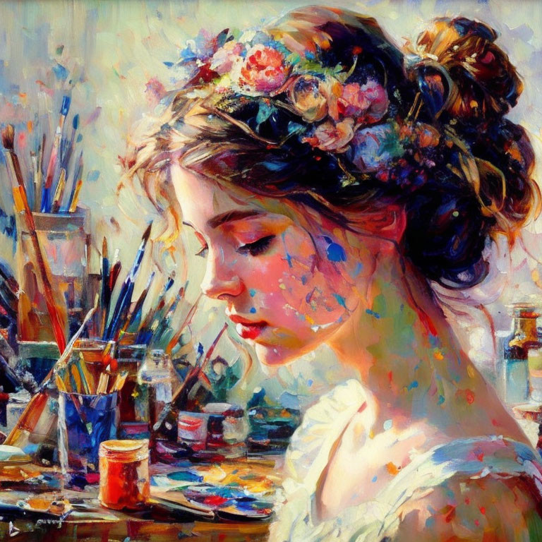 Woman with Floral Crown Surrounded by Paint Splatters and Brushes