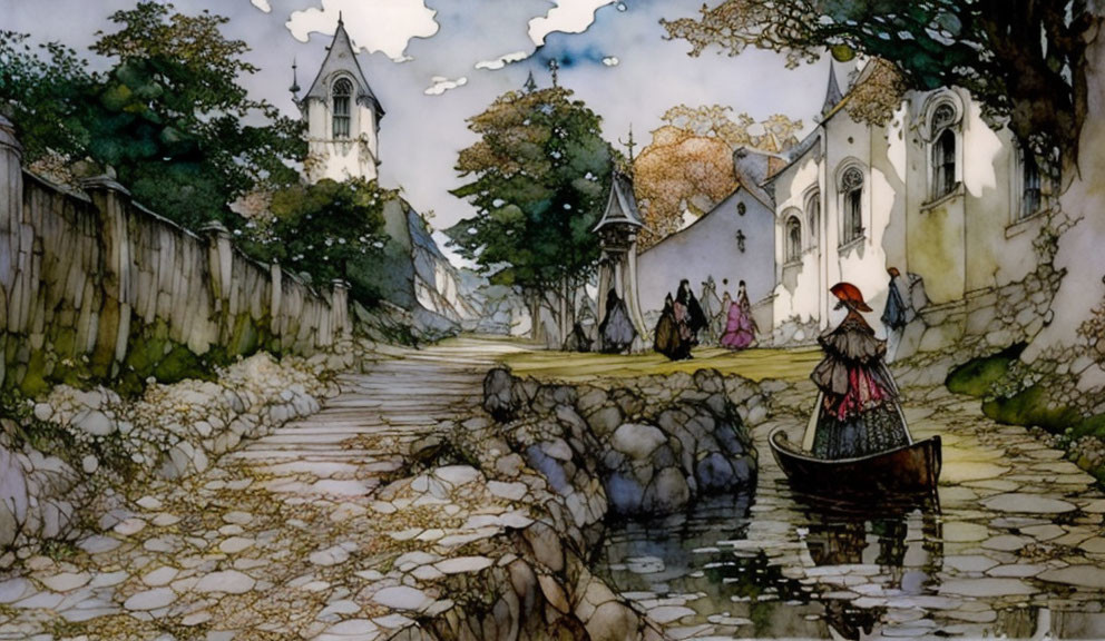 Watercolor illustration of person in boat on cobblestone river in old village