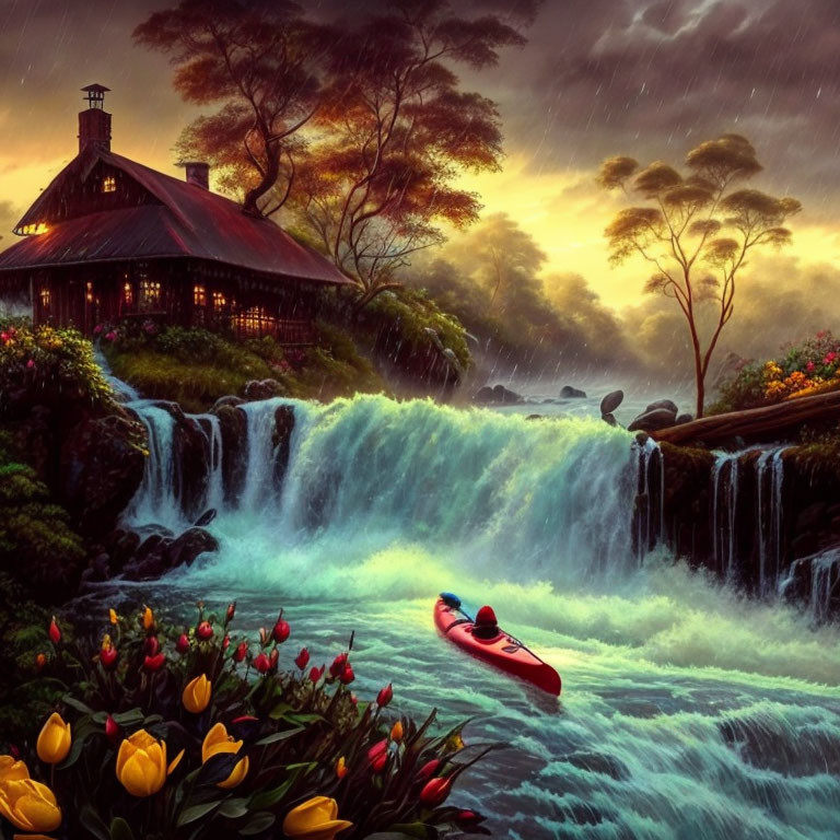 Tranquil twilight landscape with cozy house, waterfall, kayak, tulips, and warm-hued