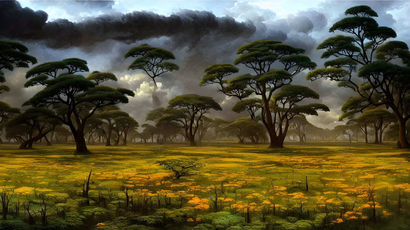 Tranquil savannah landscape with yellow flowers and dramatic cloudy skies