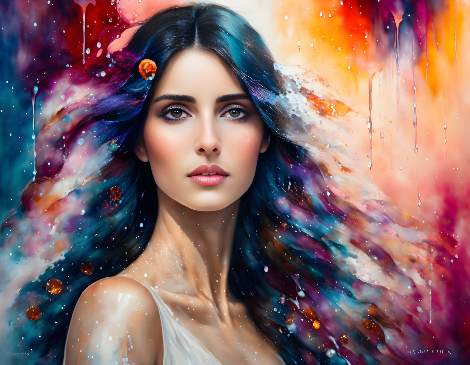 Colorful portrait of a woman with flowing hair in cosmic background.