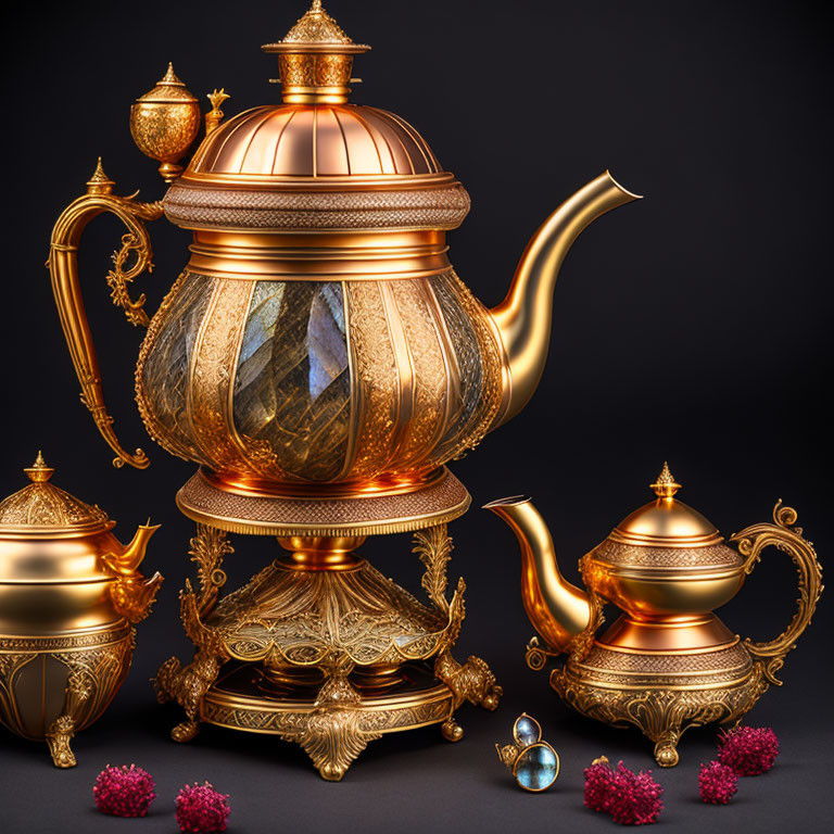 Luxurious Gold Accents Tea Set with Teapot, Sugar Bowl, and Creamer