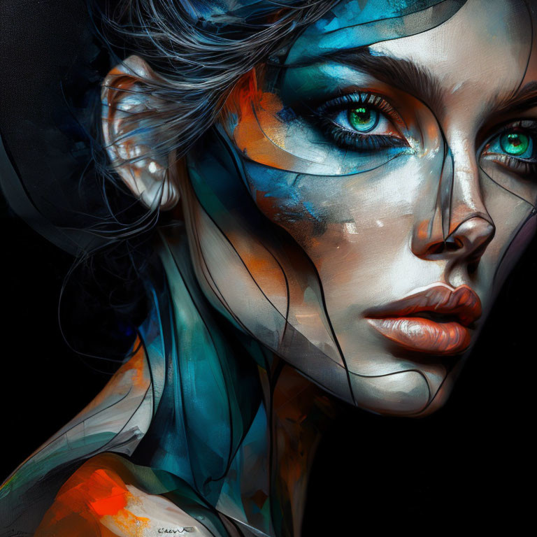 Vivid close-up portrait of female figure with blue eyes and abstract paint textures