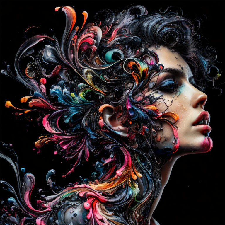 Colorful swirling paint-like elements depict woman's profile view