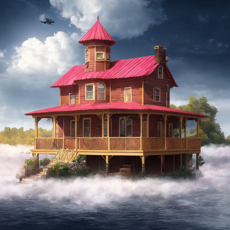 Victorian-style house with red roof on cloud with helicopter and mist