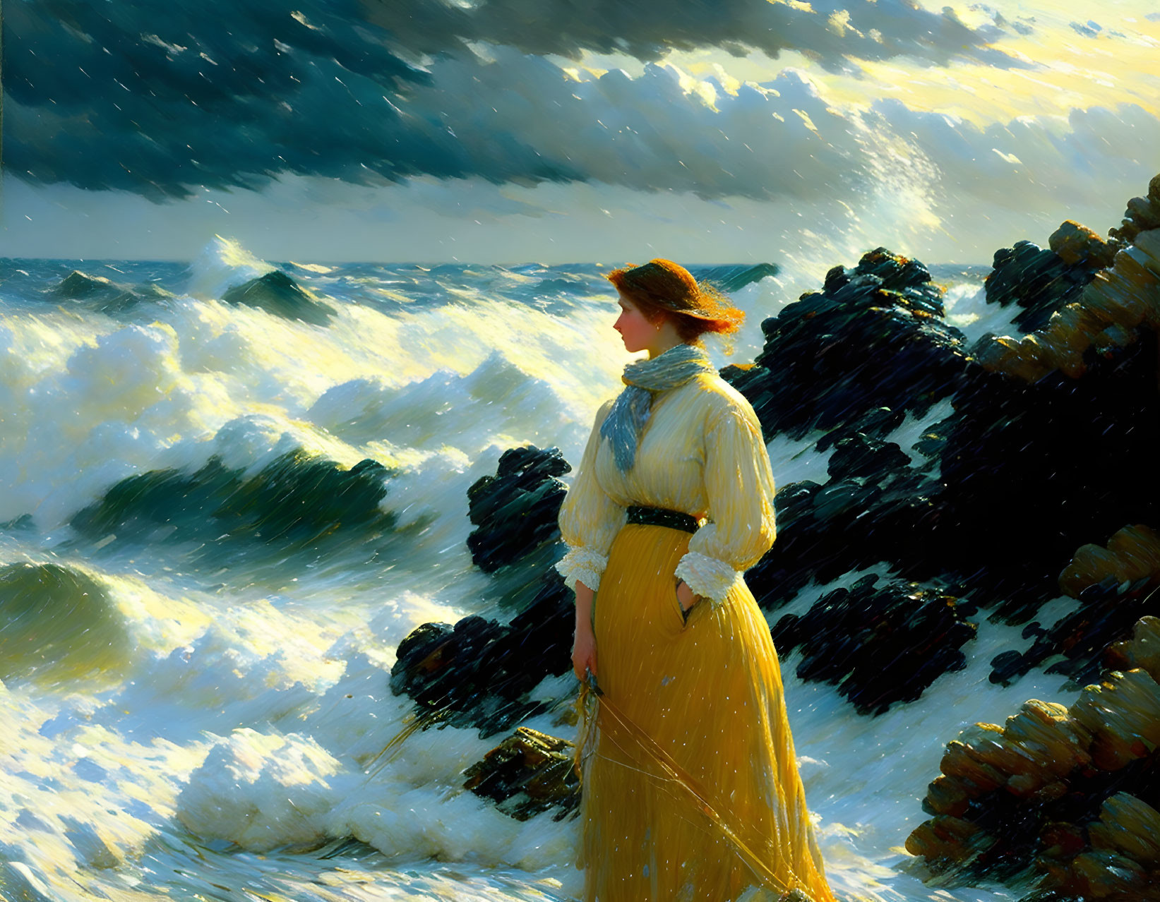 Woman in yellow dress on rocky shore facing stormy sea