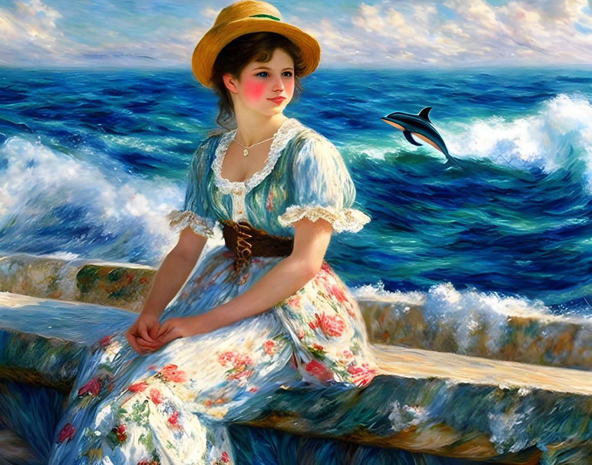 Woman in vintage dress watching dolphin leap from ocean on coastal rock