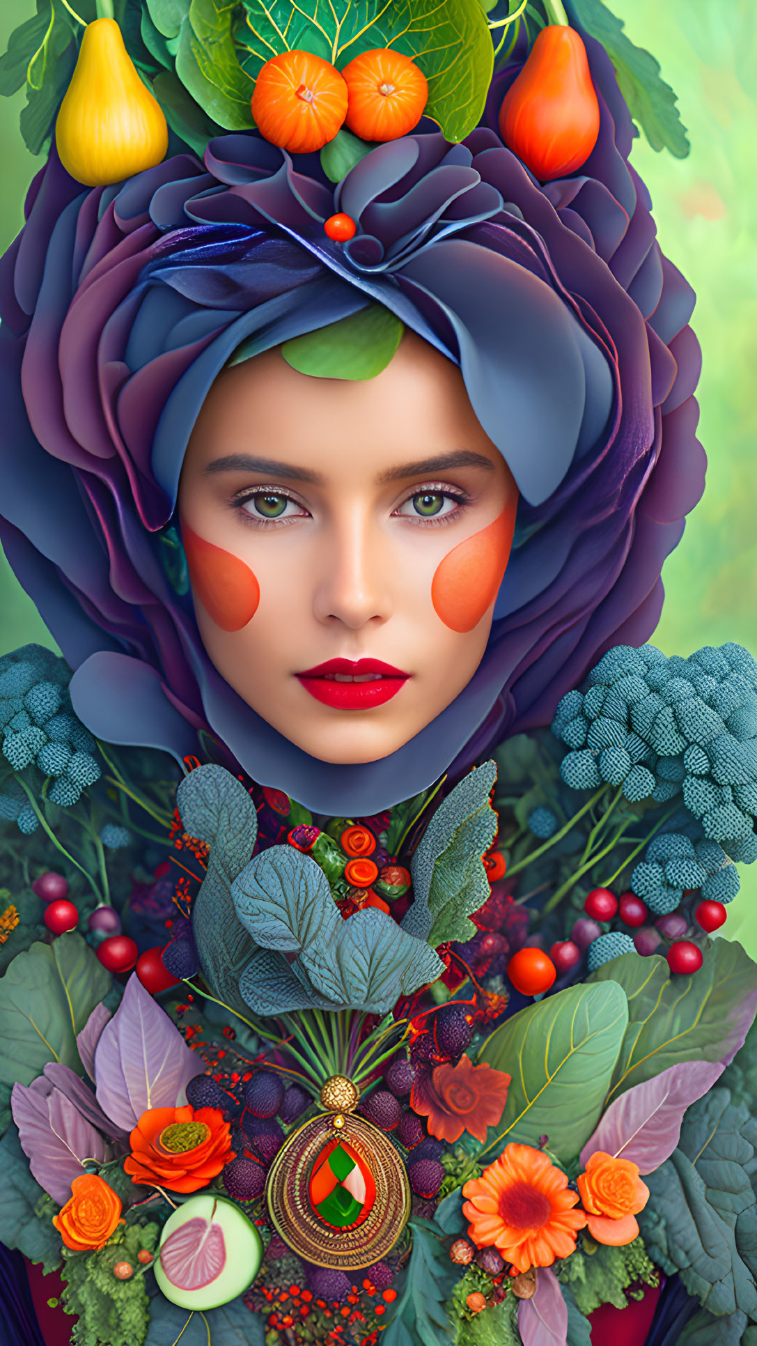 Colorful portrait of woman with fruit and flower headdress & pendant