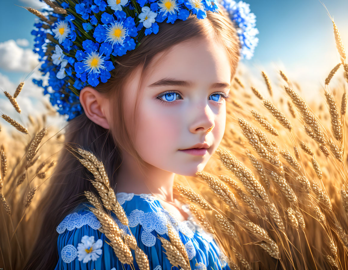 Young girl with blue floral headband in golden wheat field under sunny sky