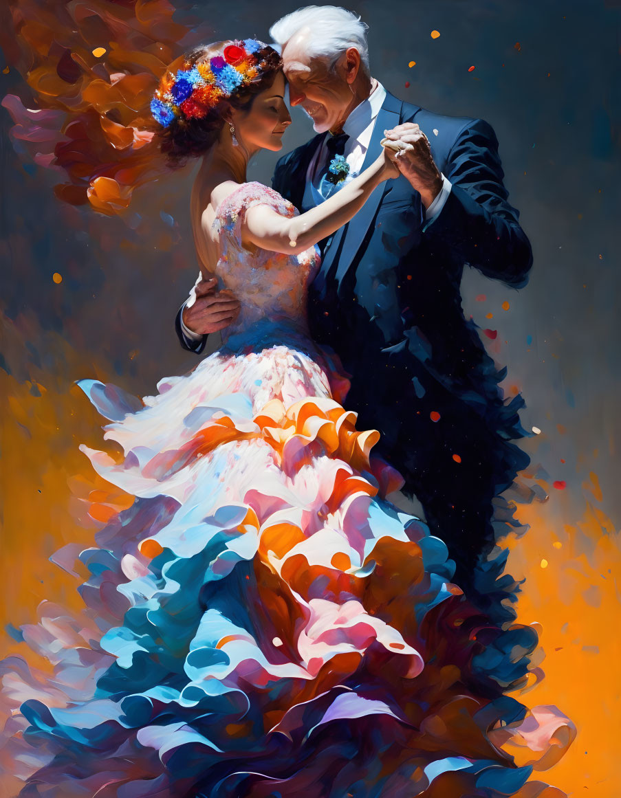 Vibrant painting of elderly man dancing with young woman in flowing dress