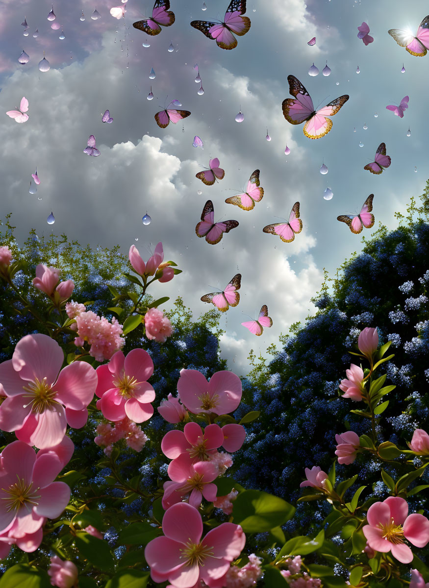 Colorful spring scene with pink flowers, fluttering butterflies, and cloudy sky.