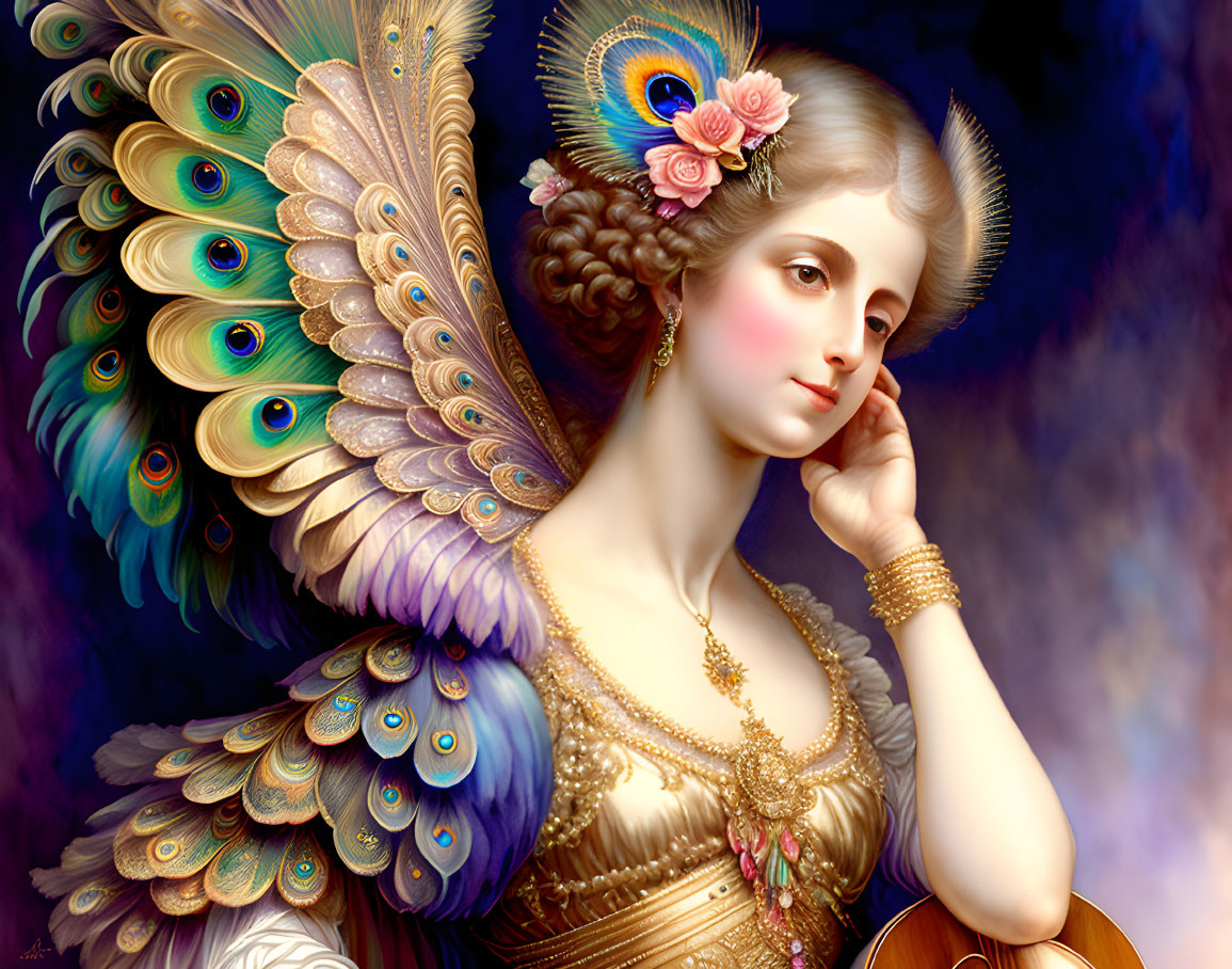 Digital Art: Woman with Peacock Feather Wings and Gold Jewelry