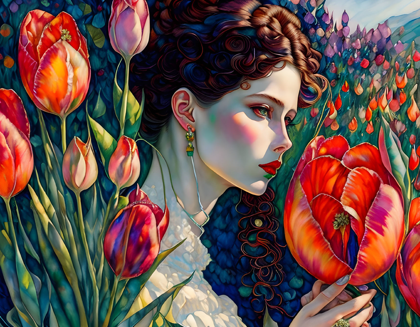 Colorful Illustration: Woman with Curly Brown Hair and Red Tulips