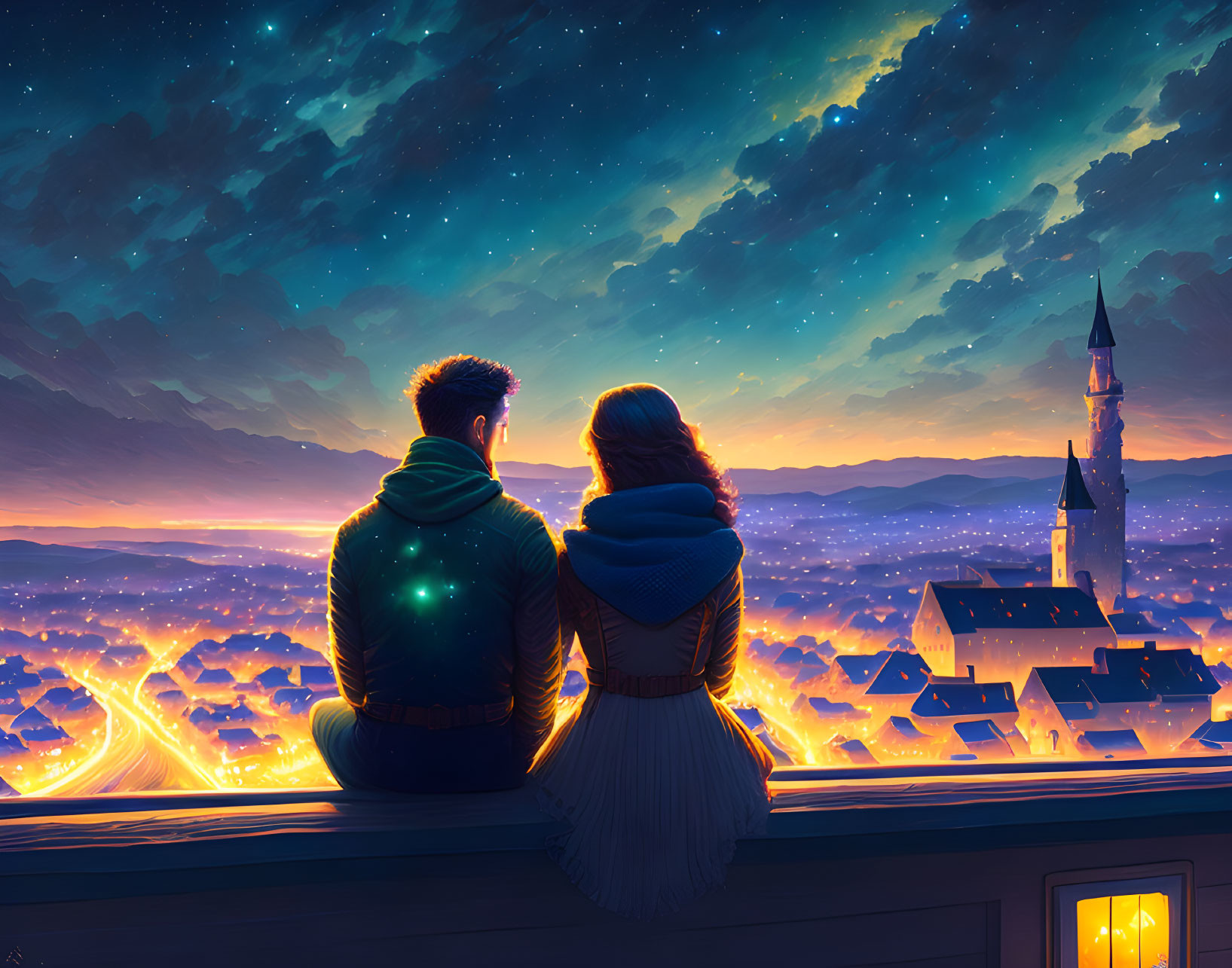 Couple admiring cityscape with castle silhouette at dusk