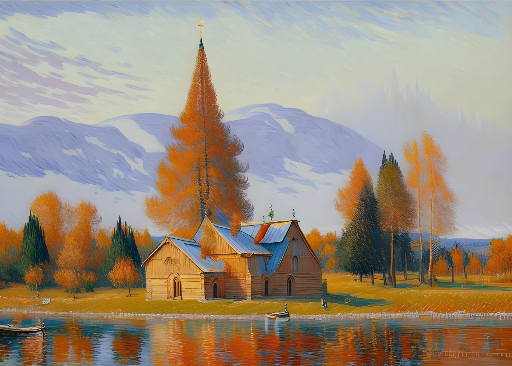 Tranquil autumn landscape with colorful foliage, wooden church, and serene lake