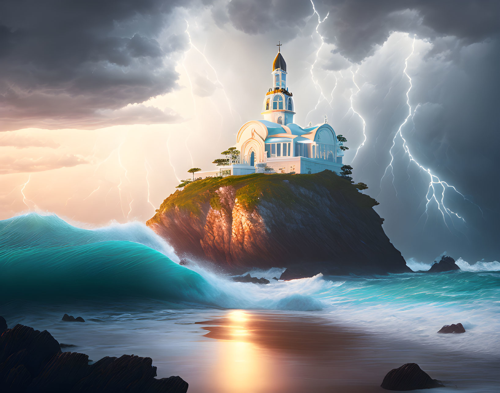 Church with golden domes on cliff in thunderstorm with lightning and ocean waves.