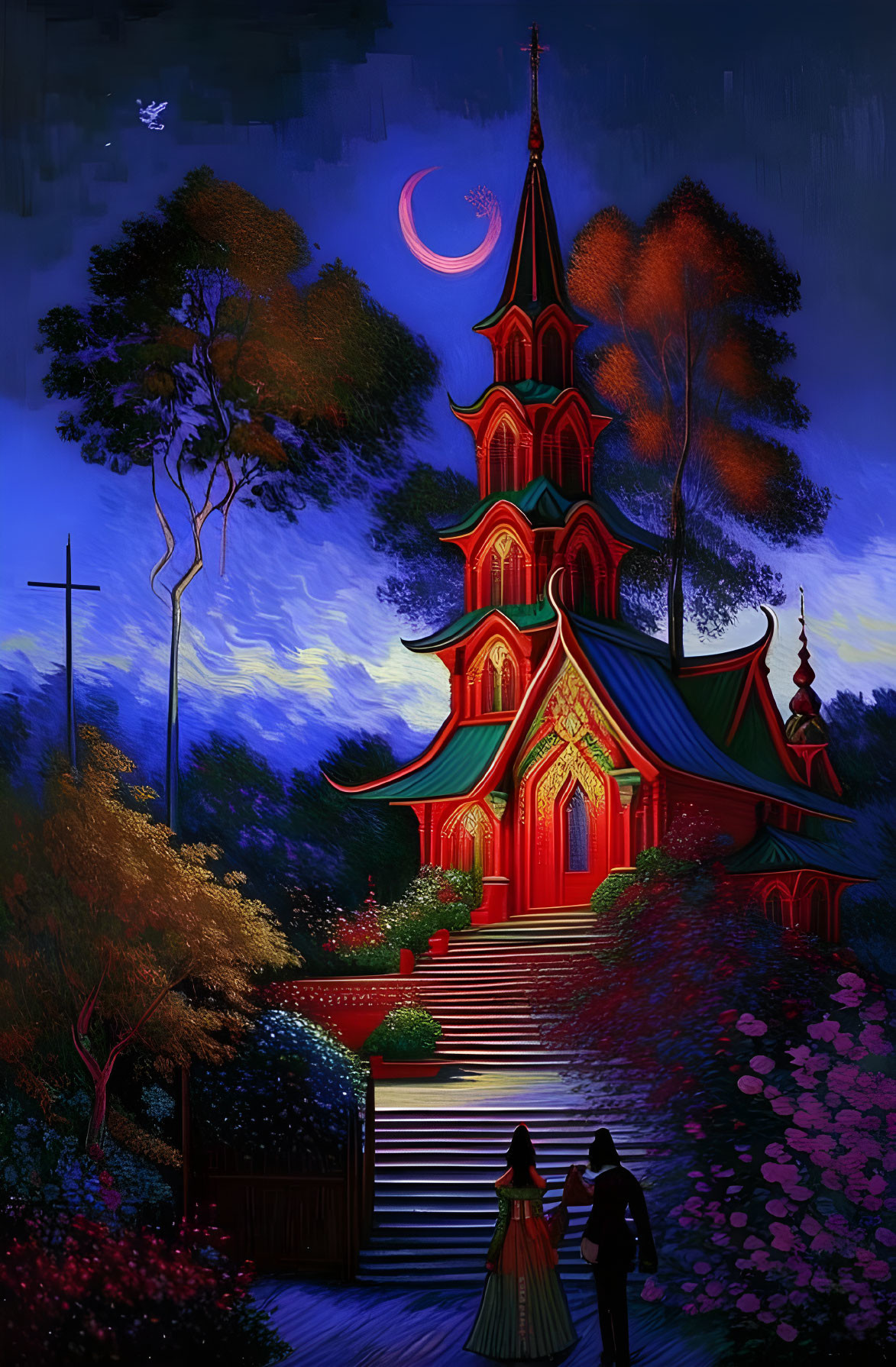 Colorful Couple Walking to Red Church Under Crescent Moon