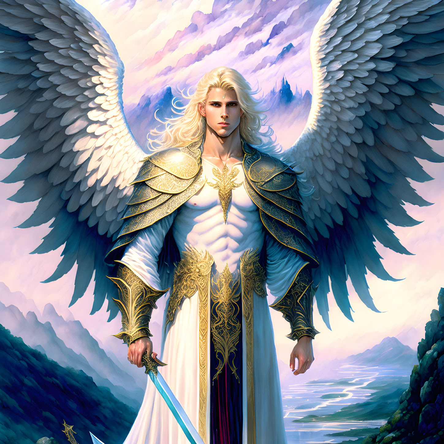 Golden-armored angel with sword in mountain landscape