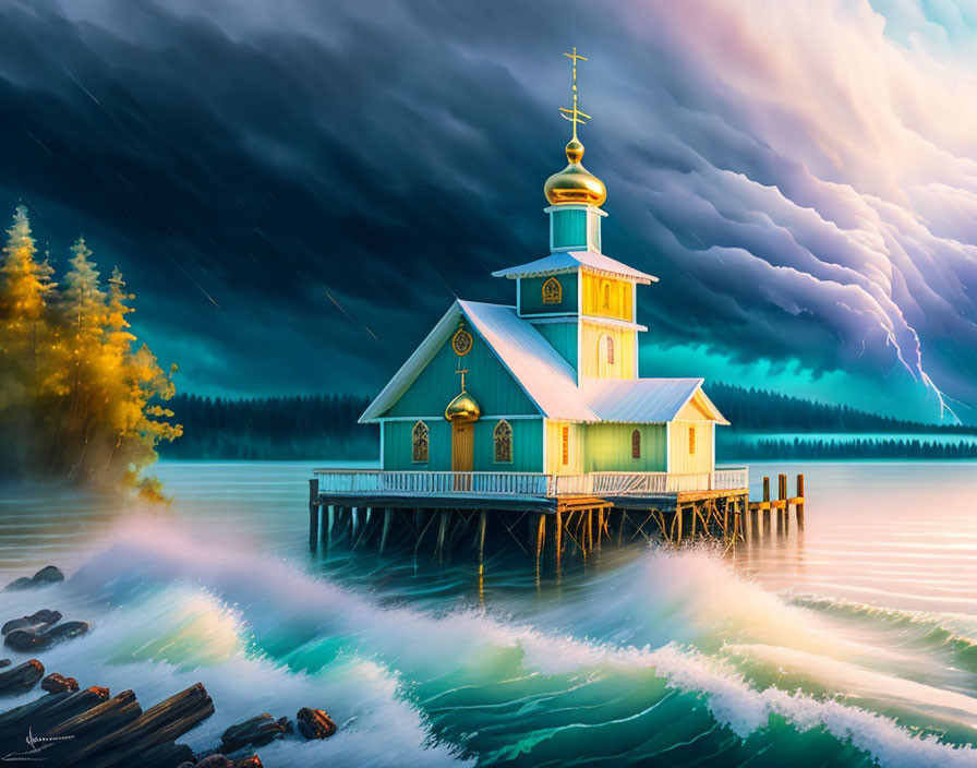 Illustration of church on stilts over lake under stormy skies