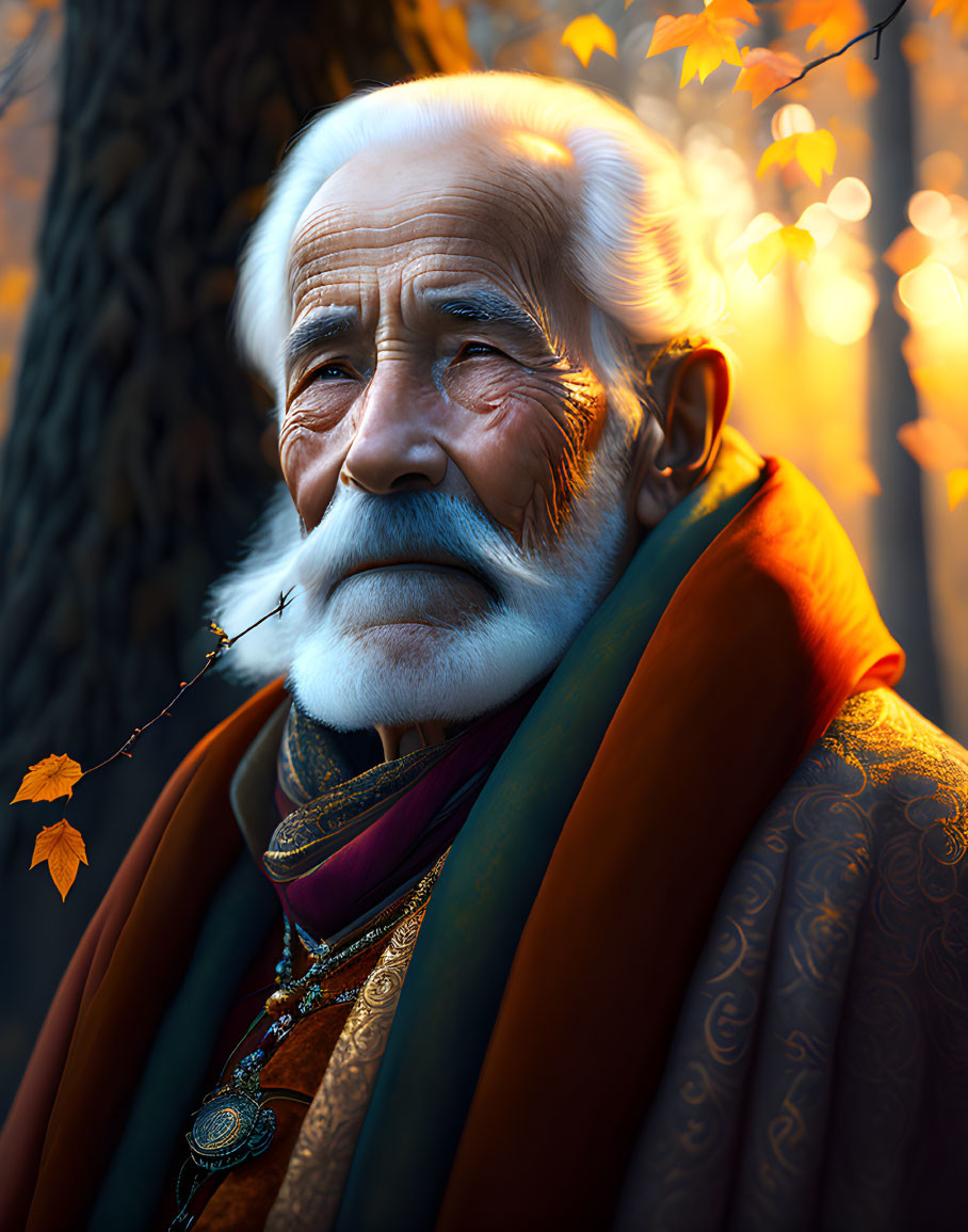 Elderly man in elaborate robes standing in autumn forest