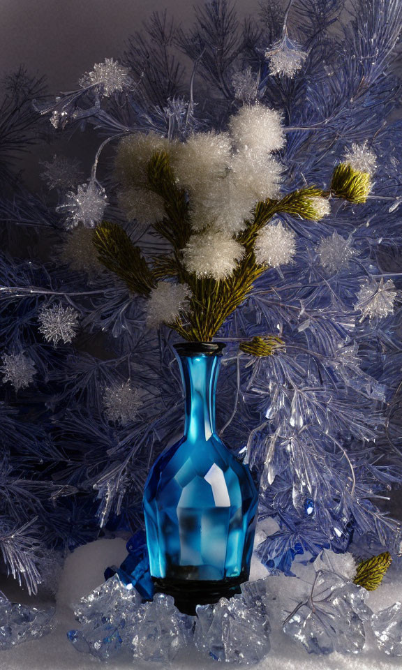 Blue Glass Vase with Pine Branches in Snowy Tree with Crystal Decorations