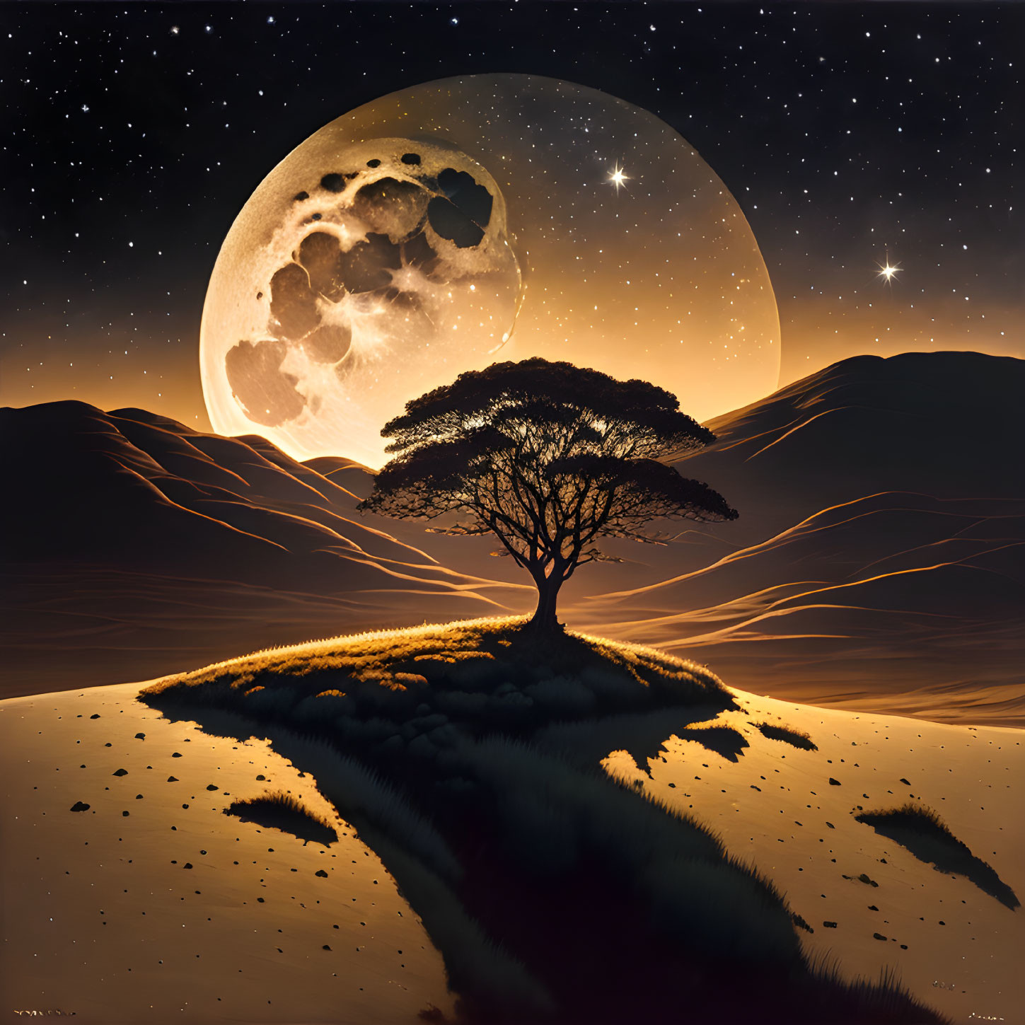 Lone tree on sand dune under cratered moon and stars