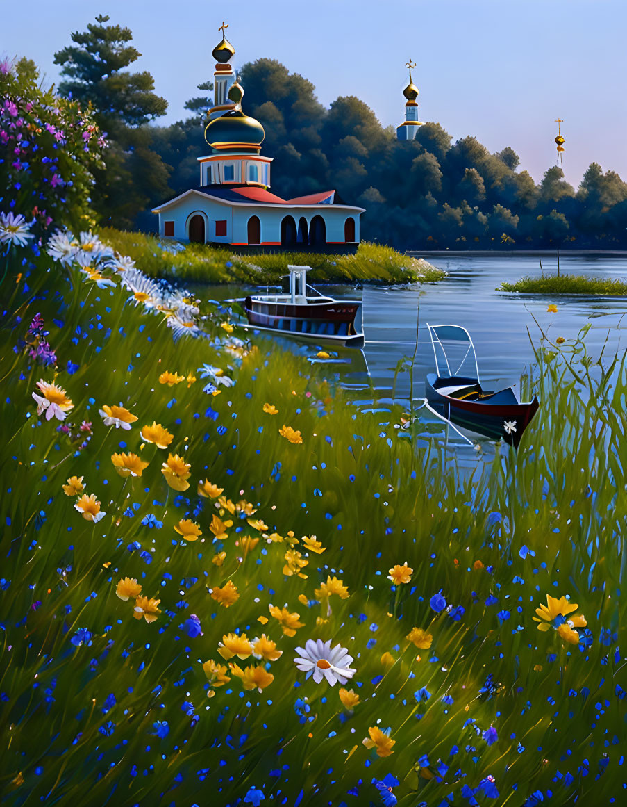 Church by river with wildflowers, boats, and twilight sky