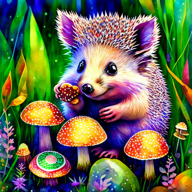 Vibrant illustration of cute hedgehog with mushroom in lush setting