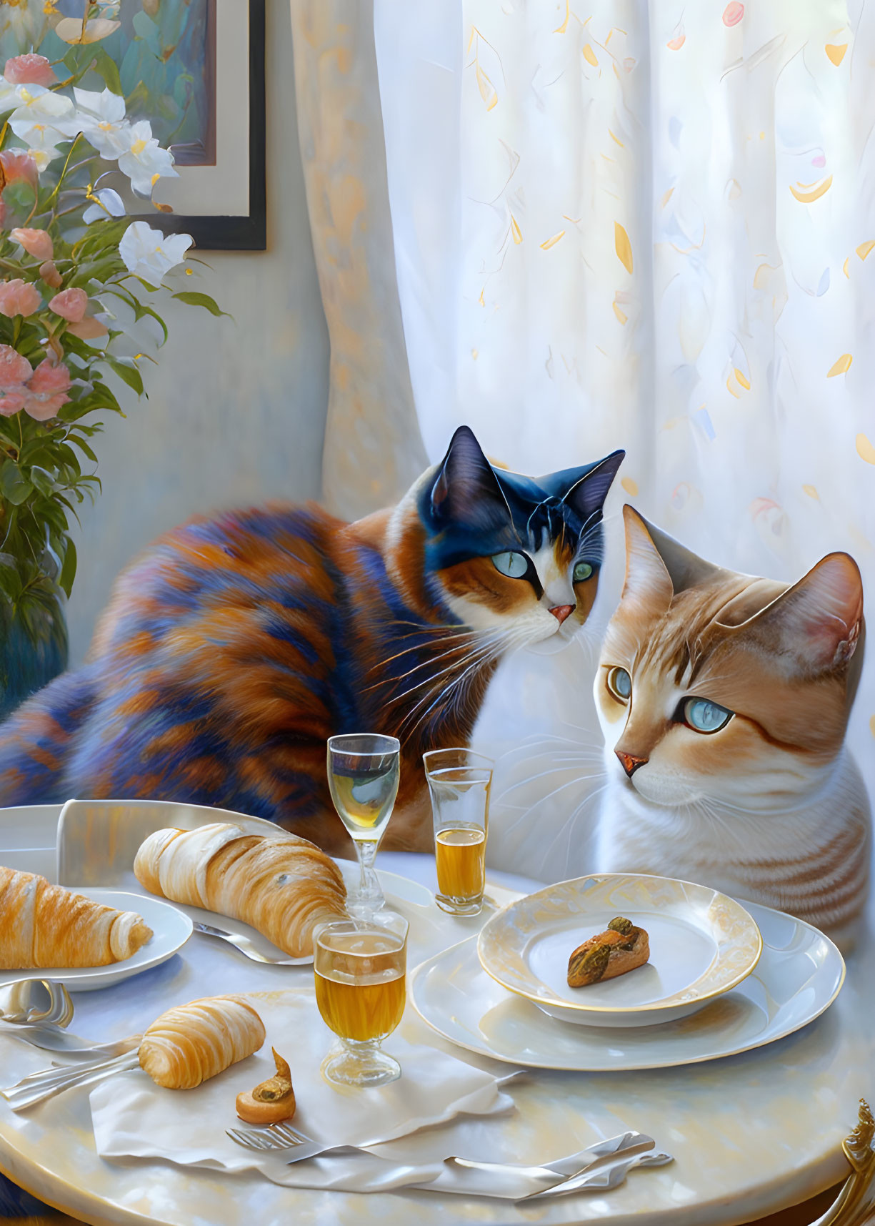 Two cats with human-like eyes at table with croissants and cookies