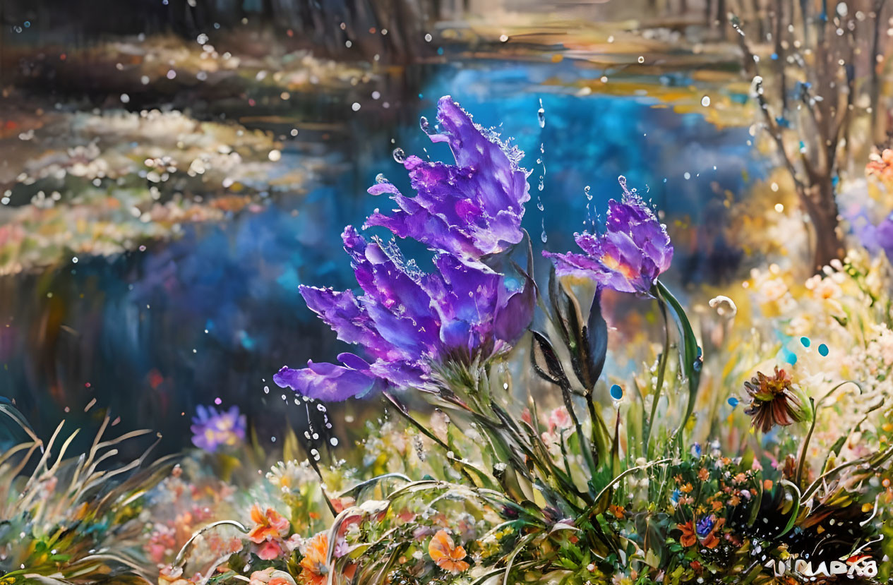 Purple Flowers with Dew Droplets Against Water Body Background