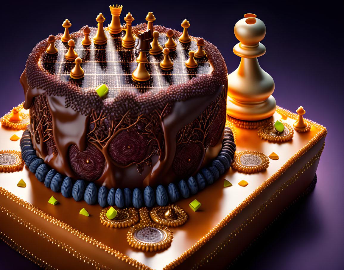 Chessboard-themed decorative cake with chocolate pieces and oversized pawn on orange base