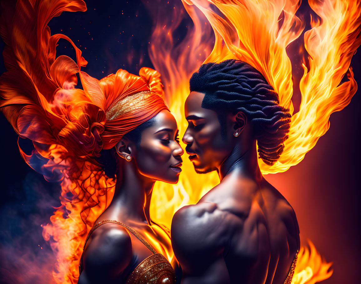 Digitally altered image of man and woman with flaming hair in fiery background