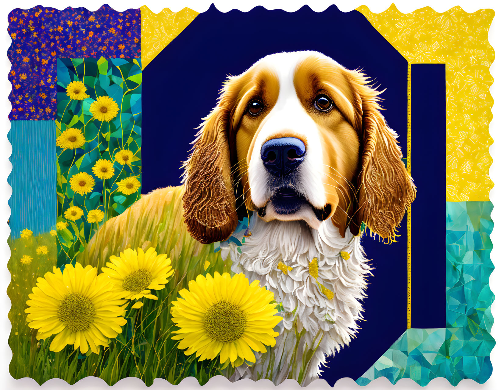 Vibrant Spaniel Dog in Sunflower Field Illustration