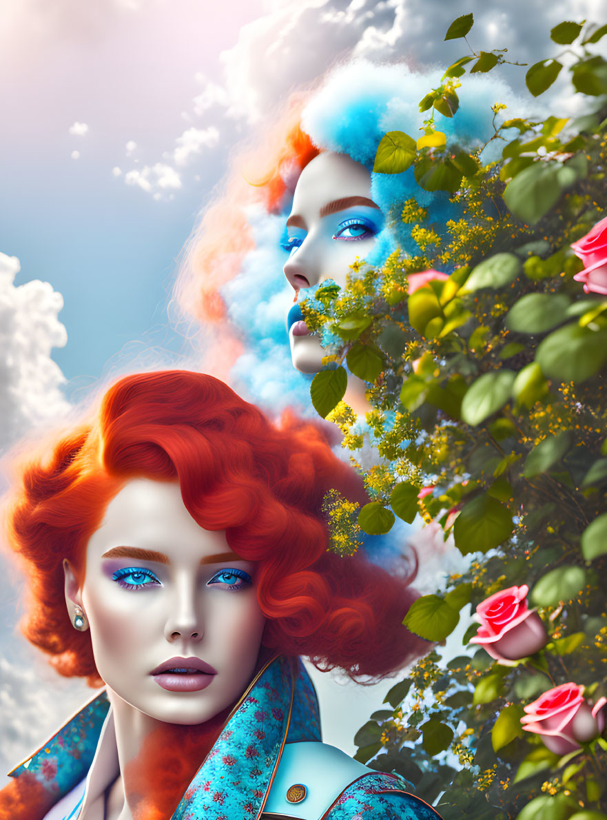 Vibrant red hair and blue eyes in surreal portrait with floral and cloud-like elements