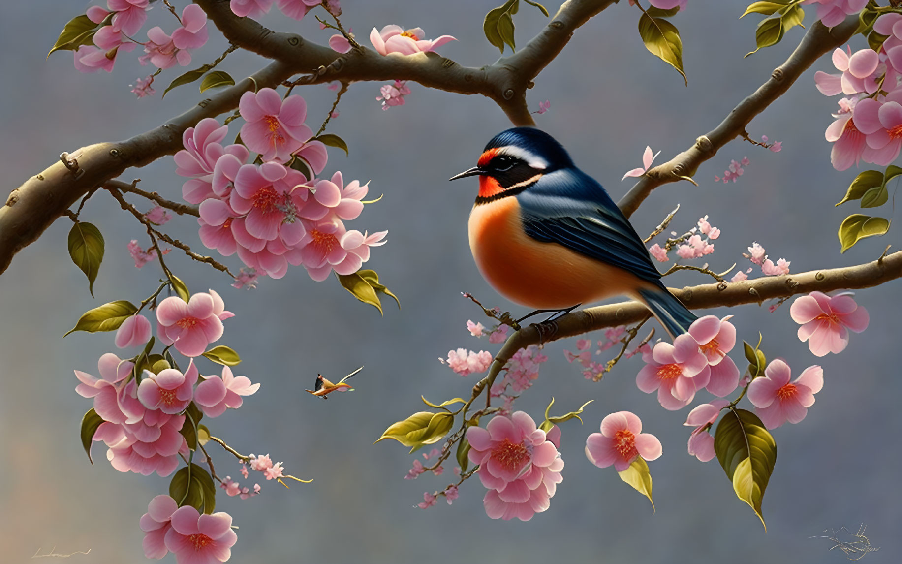 Colorful bird perched on branch with pink flowers