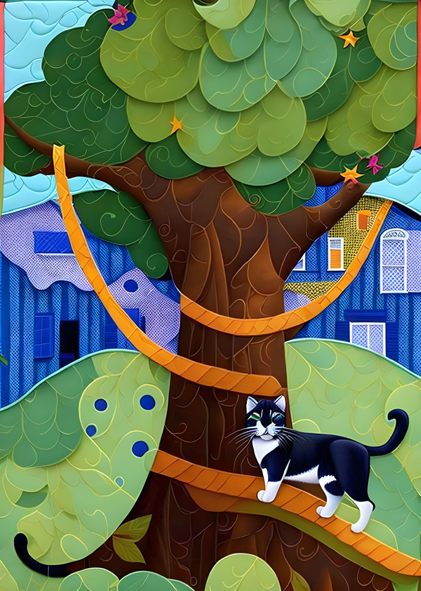 Black and white cat on orange tree branch with whimsical blue houses