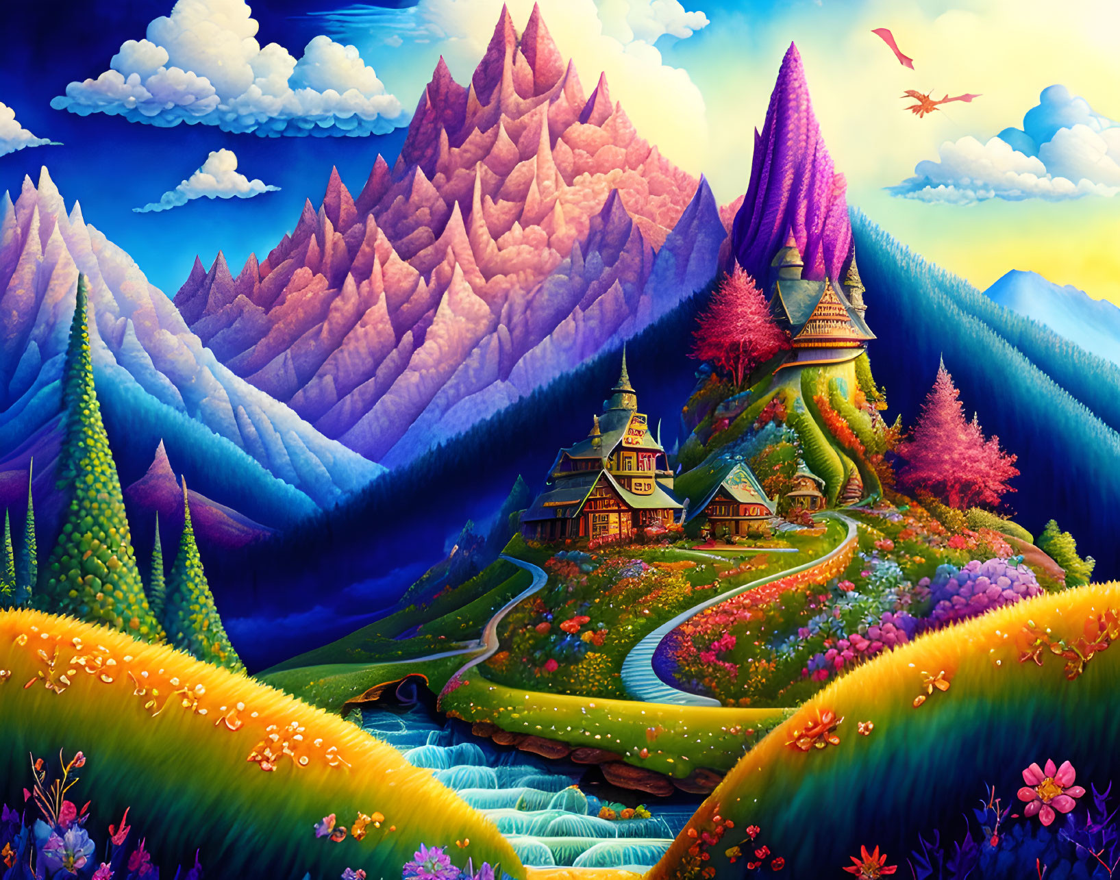 Colorful mountains, flowing river, house, gardens, and dragon in fantasy landscape