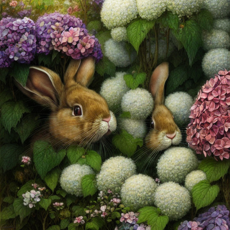 Two rabbits among colorful hydrangeas and snowball flowers in a serene garden.