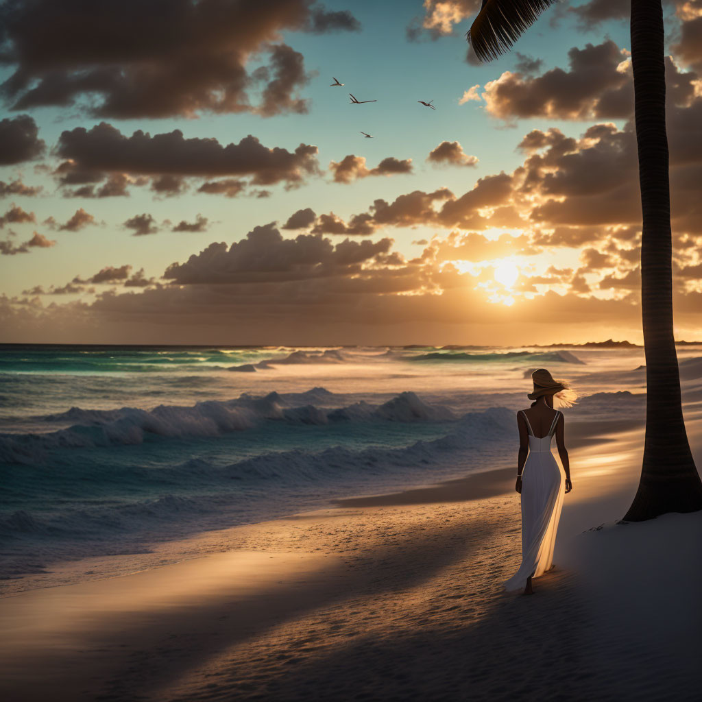 Person in white dress by seashore at sunset with waves, birds, and palm tree.