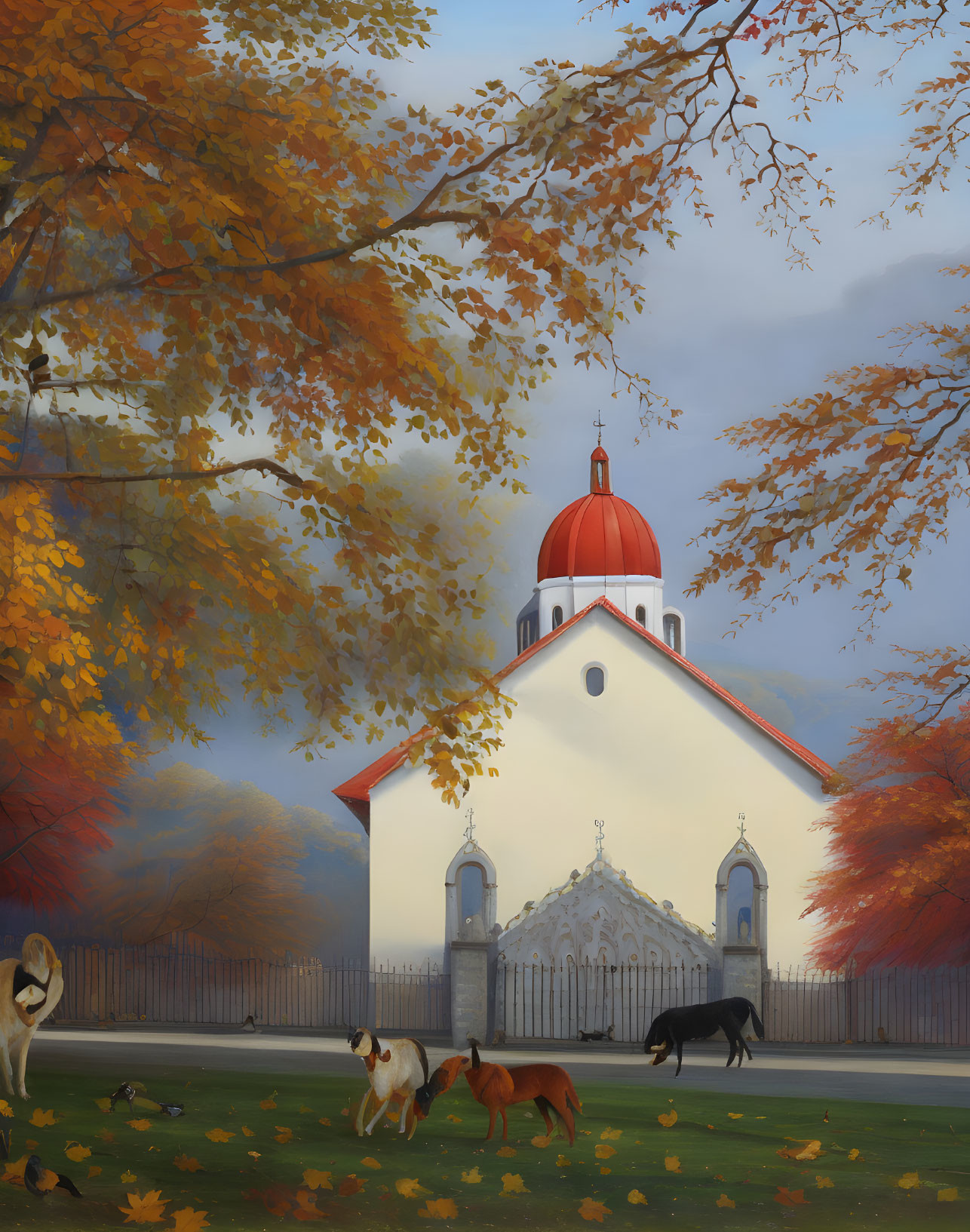 White Church with Red Dome, Horses Grazing, Colorful Fall Foliage