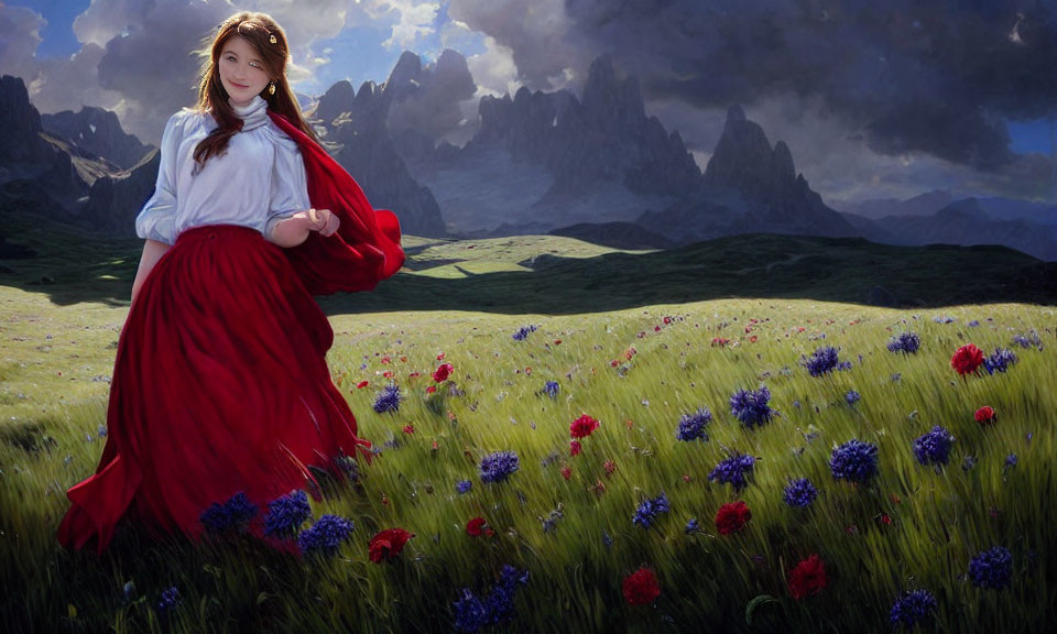 Woman in white blouse and red skirt in colorful meadow with mountains and dramatic sky