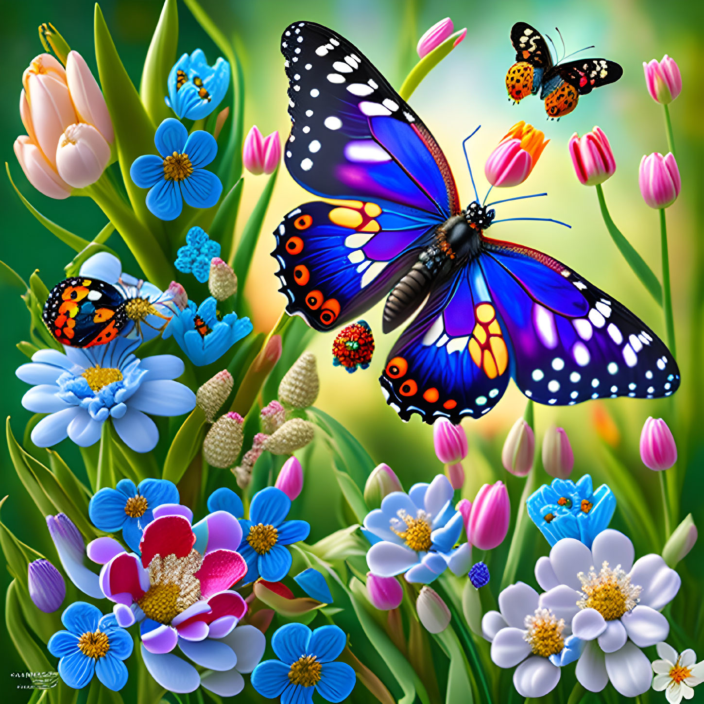 Colorful Butterfly and Ladybug Digital Artwork with Flowers on Green Background