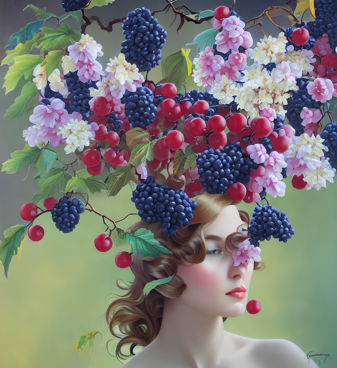 Surreal portrait of woman with grapes, berries, and blossoming branches in hair