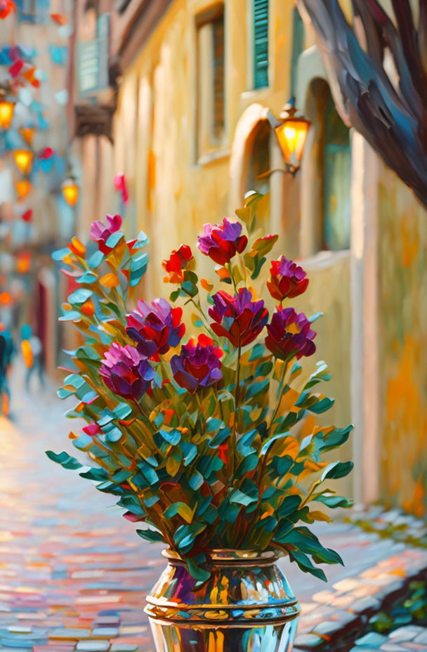 Colorful red and blue flower bouquet in vase with blurred alley scene