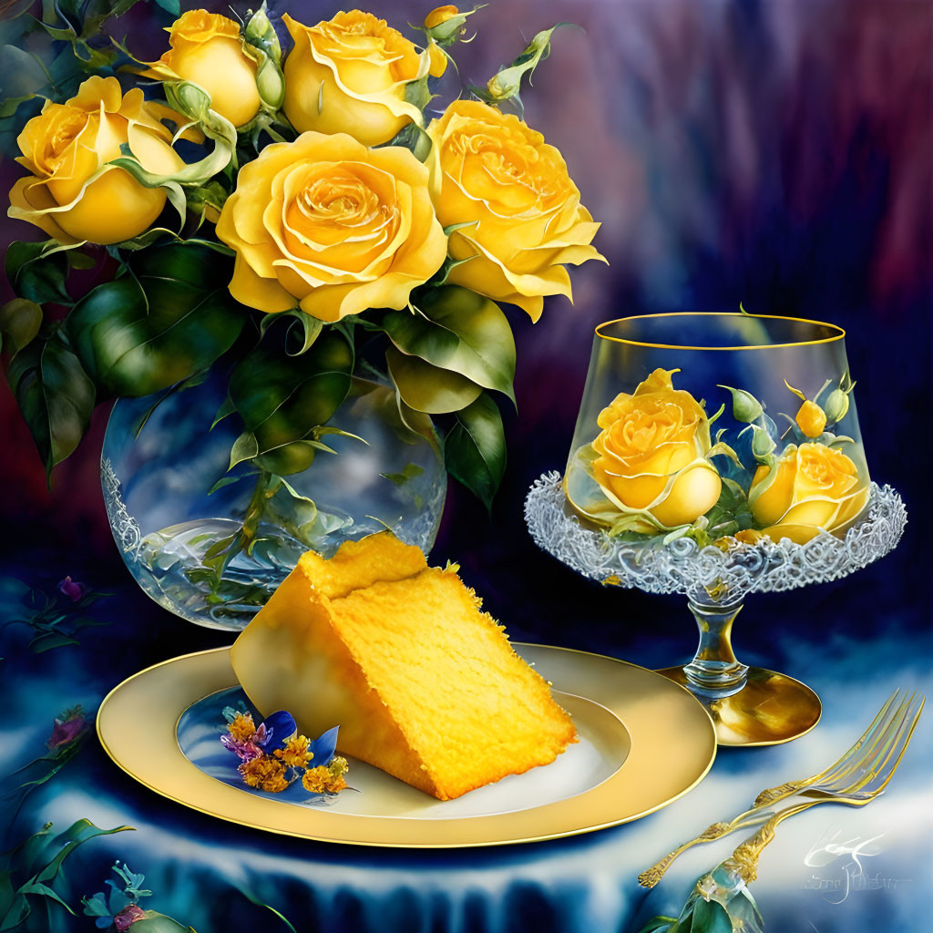 Yellow Roses, Cake Slice, and Rose Glass in Moody Blue Floral Setting